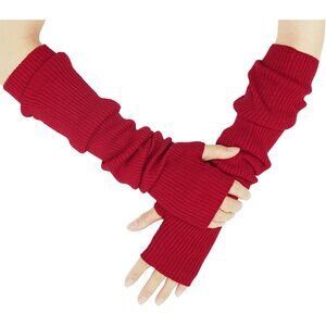 Women's Dark Red Soft Cozy Arm Warmers Fingerless Knitted Long Glove Winter Warm